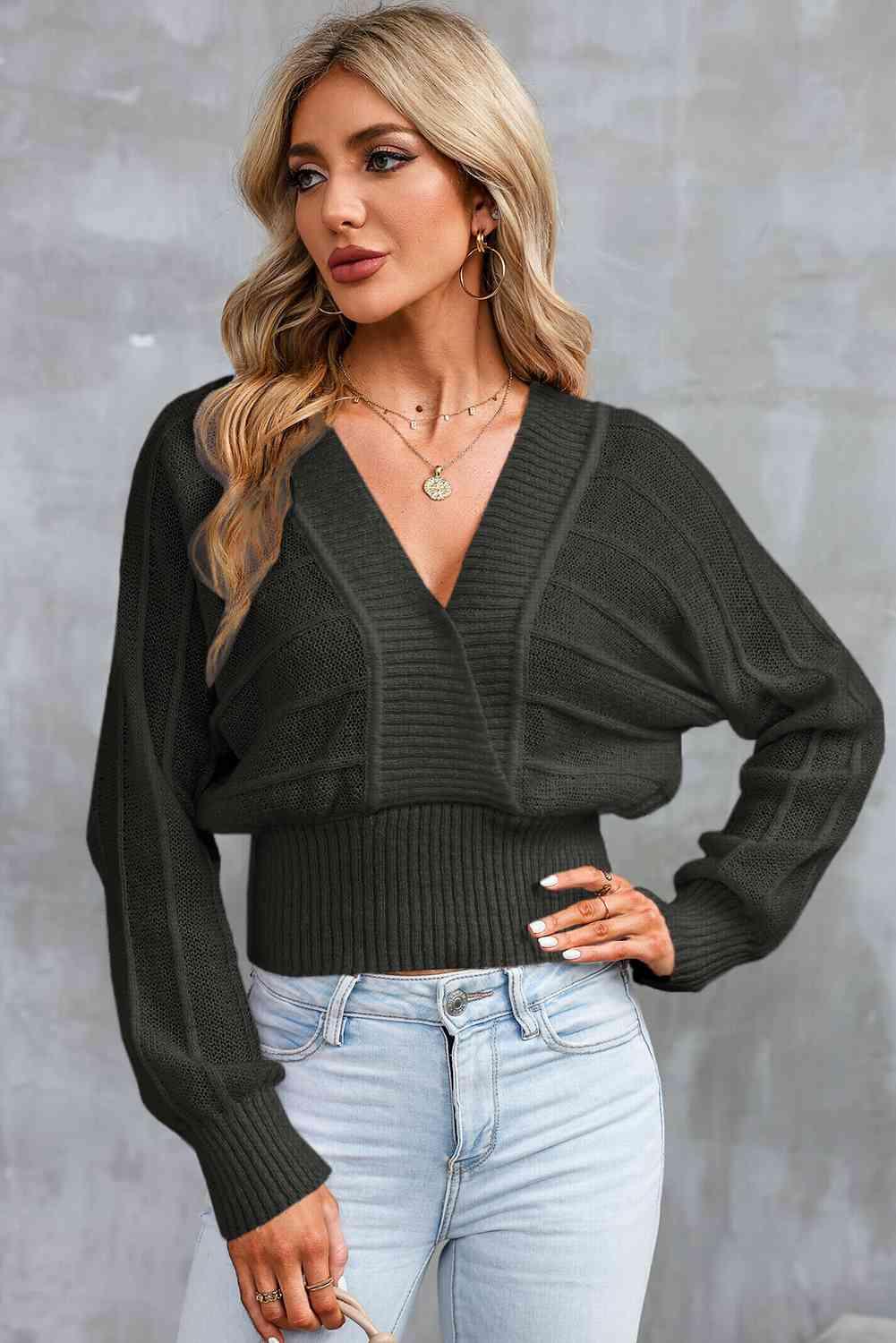 Surplice Neck Lace-Up Sweater - Vesteeto