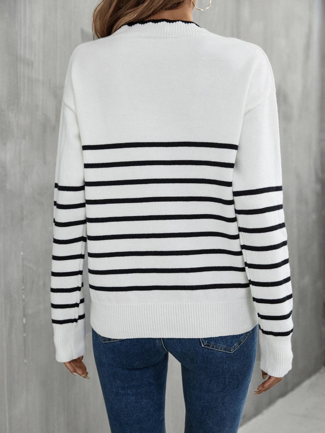 Striped V-Neck Drop Shoulder Sweater - Vesteeto