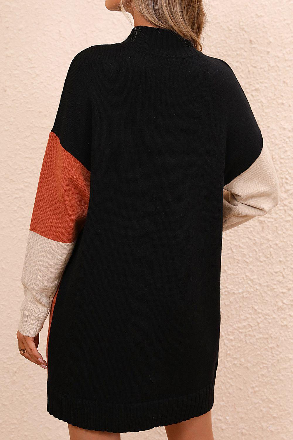 Color Block Mock Neck Dropped Shoulder Sweater Dress - Vesteeto