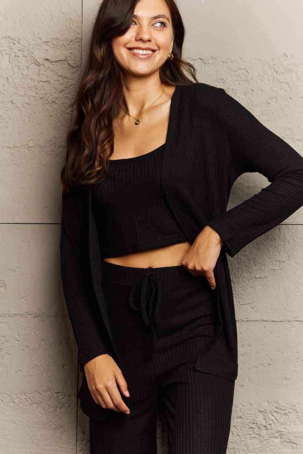 Ninexis Full Size Cropped Top, Long Pants and Cardigan Lounge Set - Vesteeto