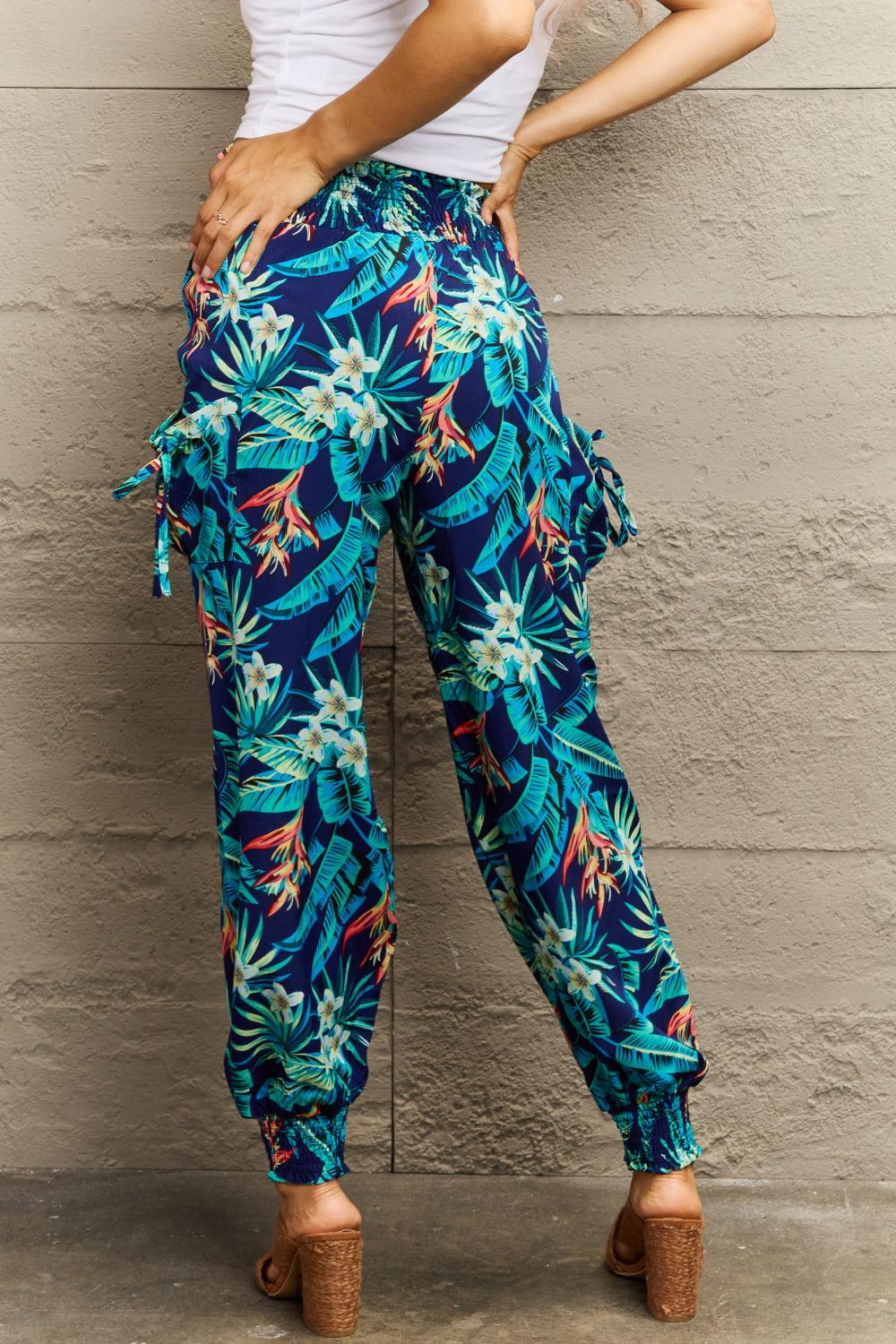 Smocked Plant Print Long Pants - Vesteeto