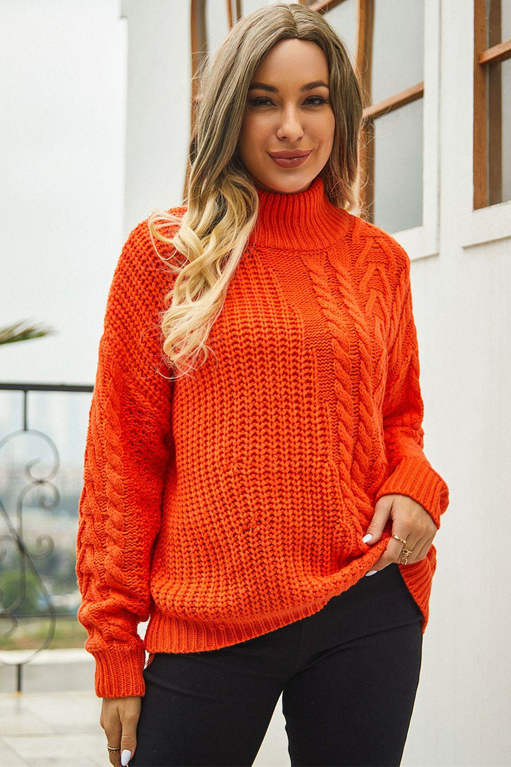Cable-Knit Turtle Neck Long Sleeve Sweater - Vesteeto