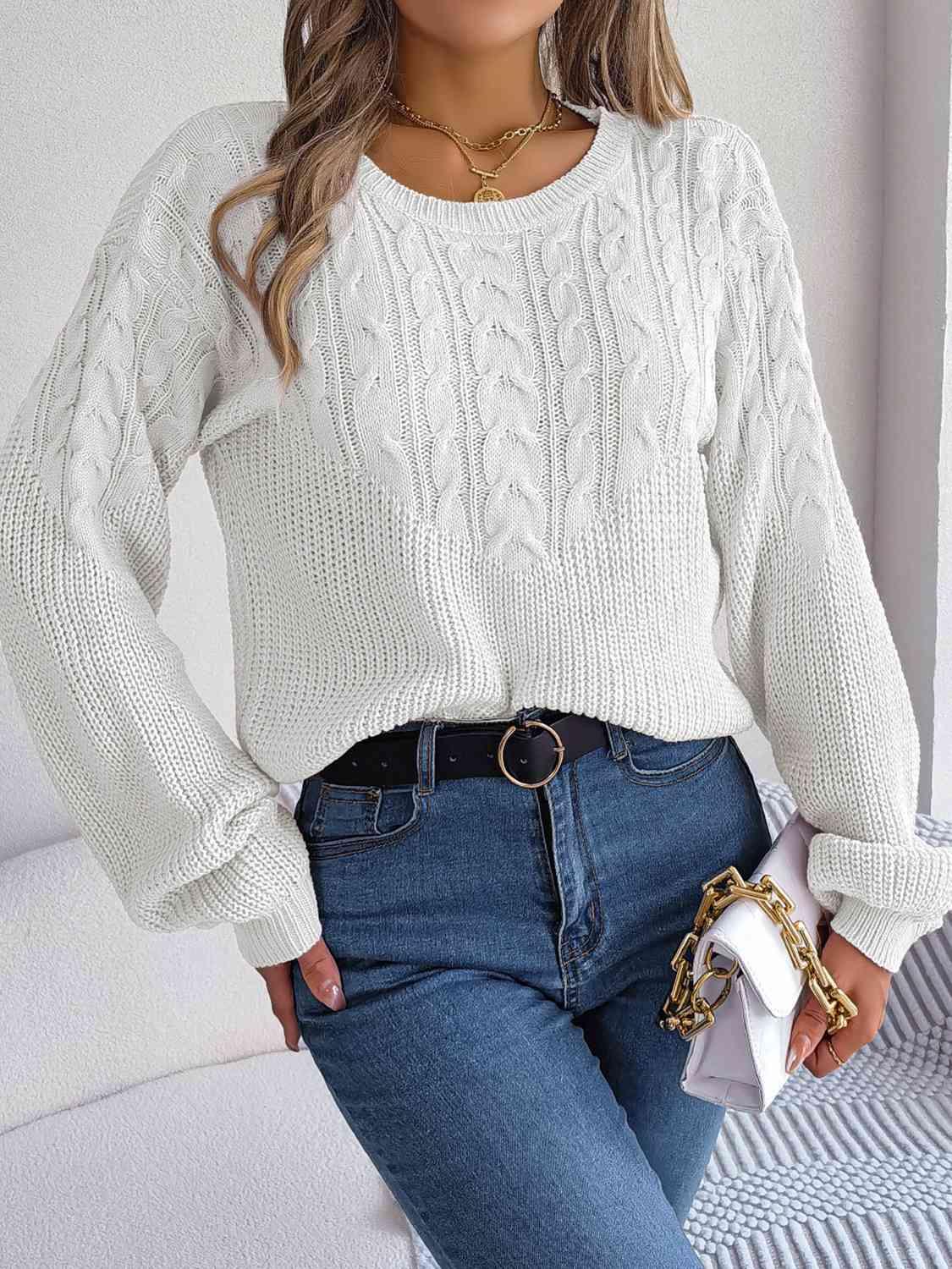 Cable-Knit Round Neck Drop Shoulder Sweater - Vesteeto
