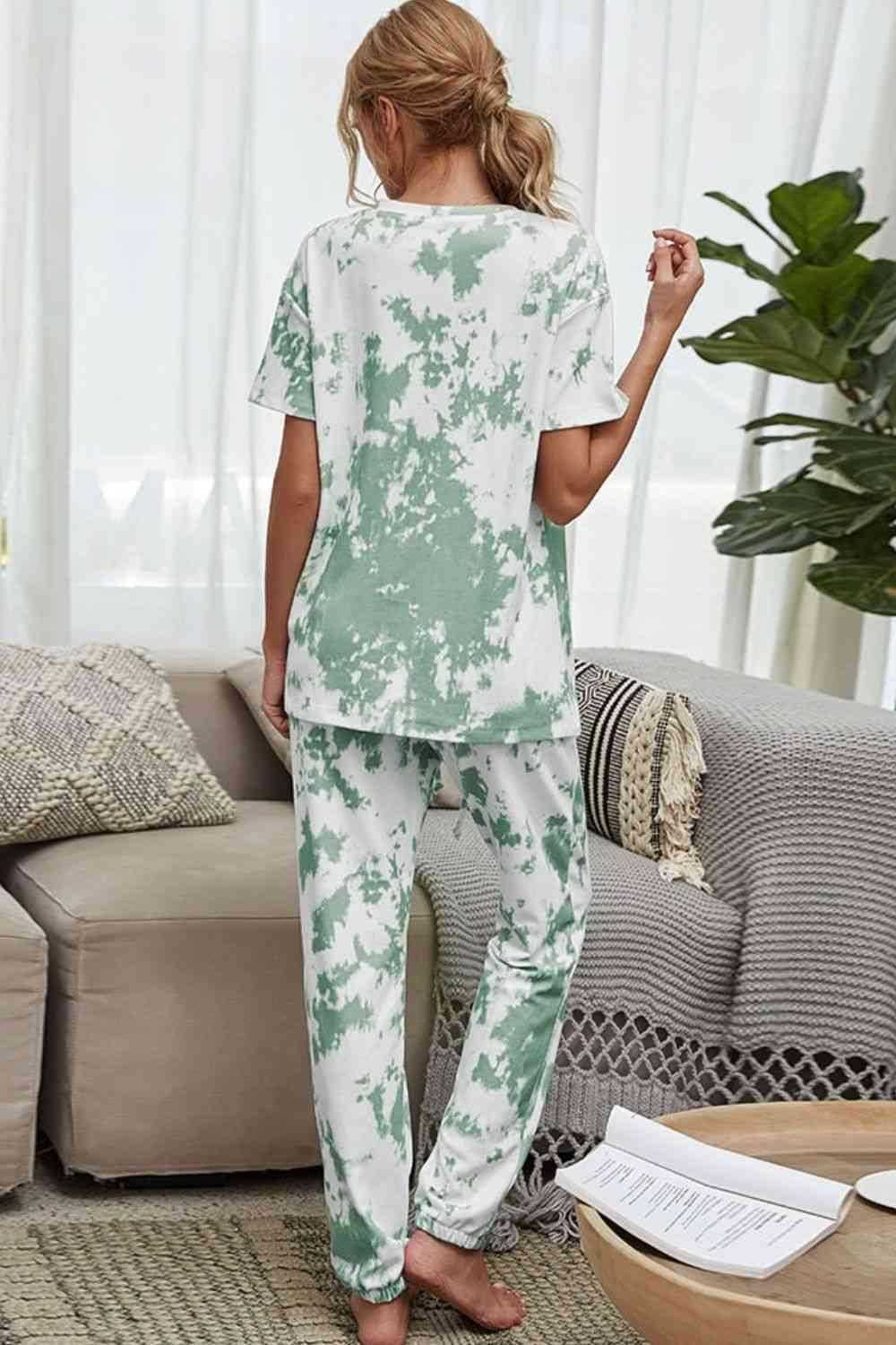 Tie-Dye Tee and Drawstring Waist Joggers Lounge Set - Vesteeto