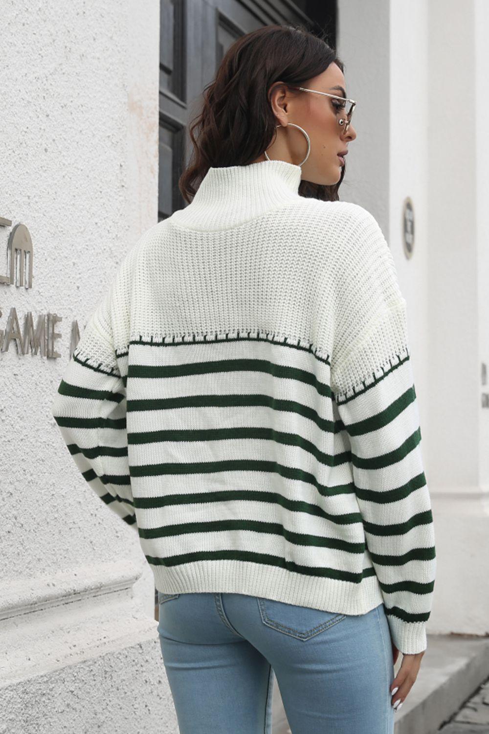 Striped Turtleneck Drop Shoulder Sweater - Vesteeto