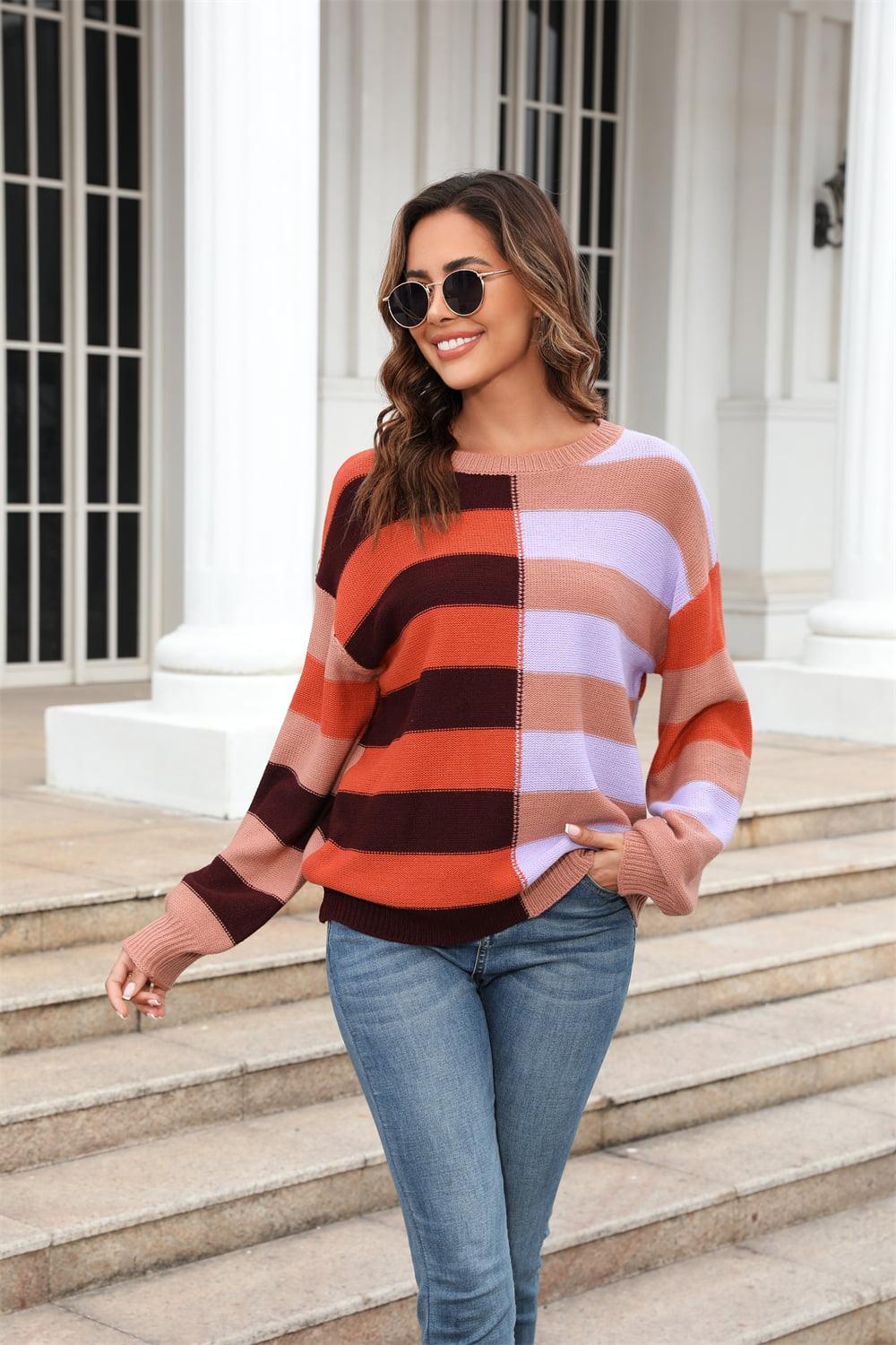 Round Neck Long Sleeve Color Block Dropped Shoulder Pullover Sweater - Vesteeto