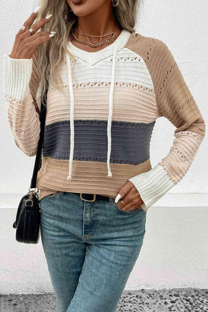 Color Block Drawstring Hooded Sweater - Vesteeto