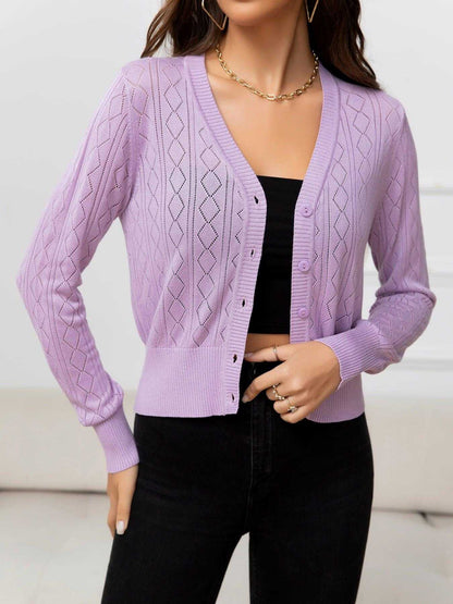 V-Neck Buttoned Long Sleeve Knit Top - Vesteeto