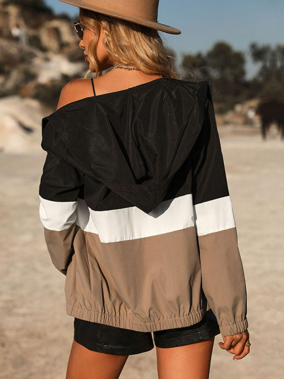 Color Block Zip Up Hooded Jacket - Vesteeto