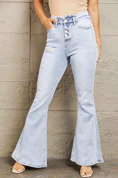 BAYEAS High Waisted Button Fly Flare Jeans - Vesteeto