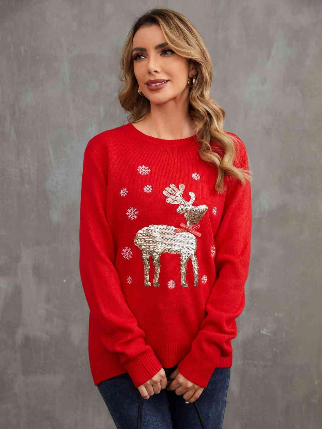 Sequin Reindeer Graphic Sweater - Vesteeto