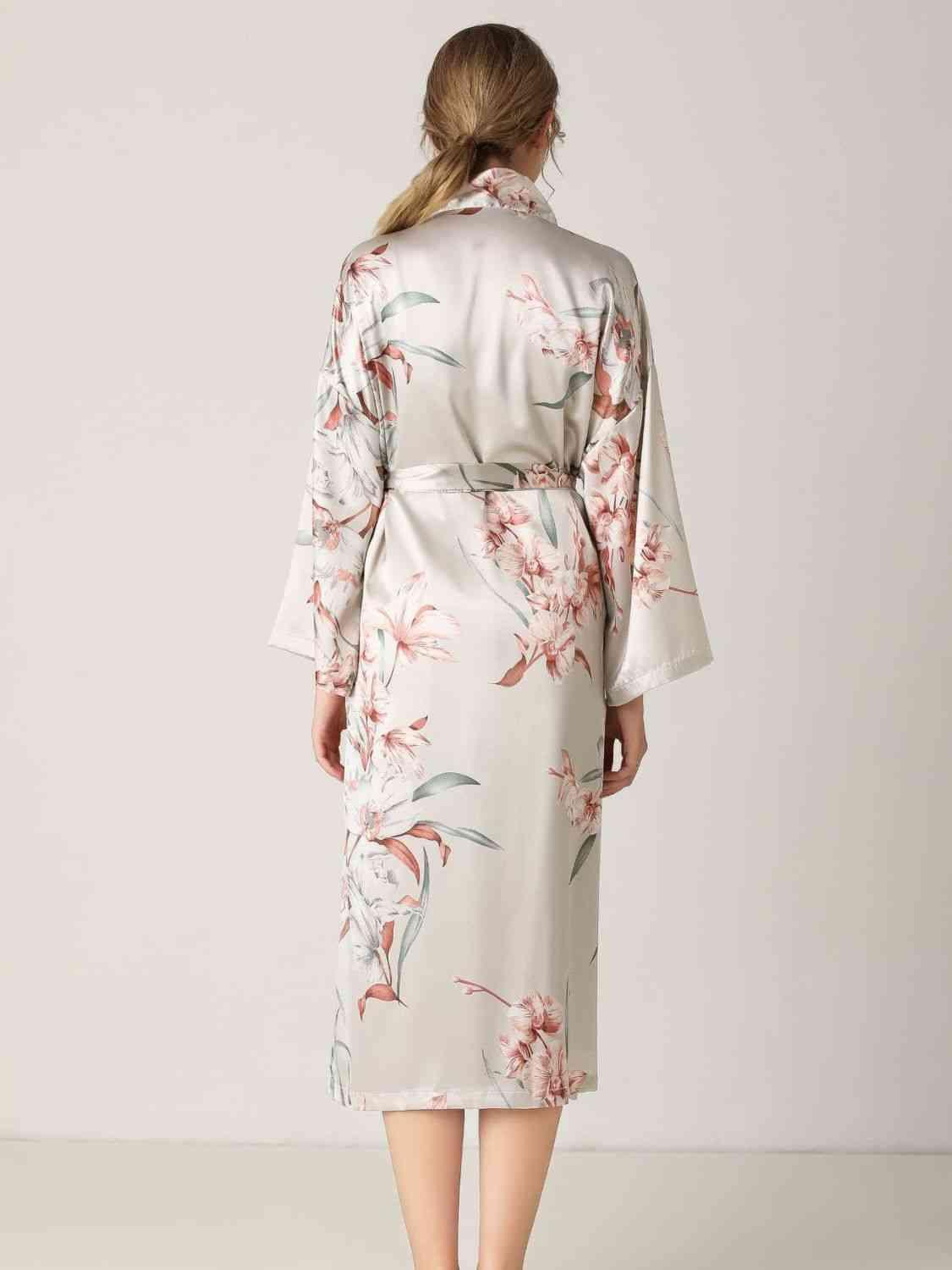 Floral Tie Waist Long Sleeve Robe - Vesteeto