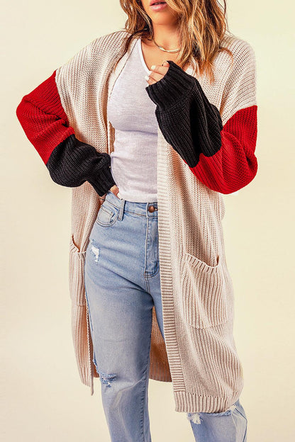 Color Block Rib-Knit Longline Cardigan with Front Pockets - Vesteeto