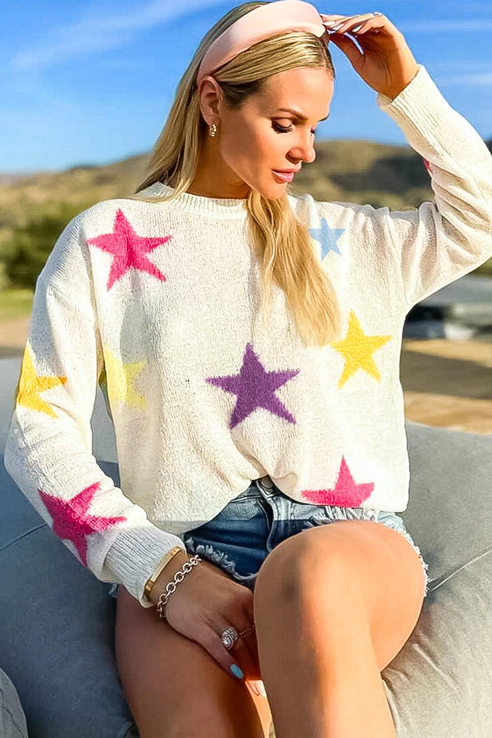 Star Pattern Dropped Shoulder Sweater - Vesteeto