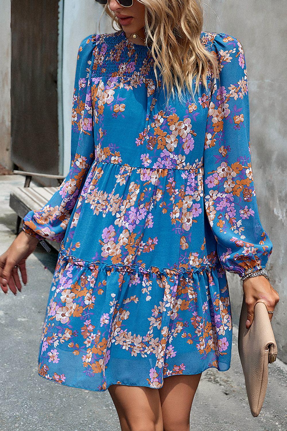 Smocked Floral Print Long Sleeve Mini Dress - Vesteeto