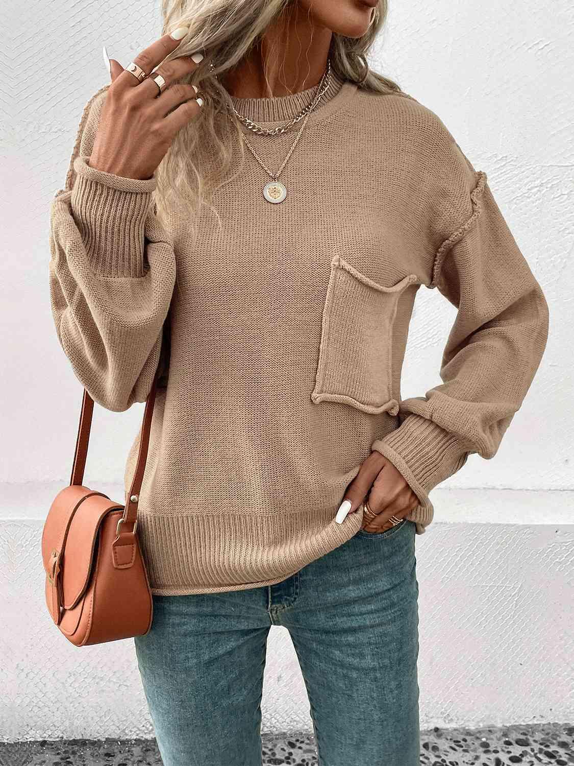 Exposed Seam Round Neck Sweater - Vesteeto