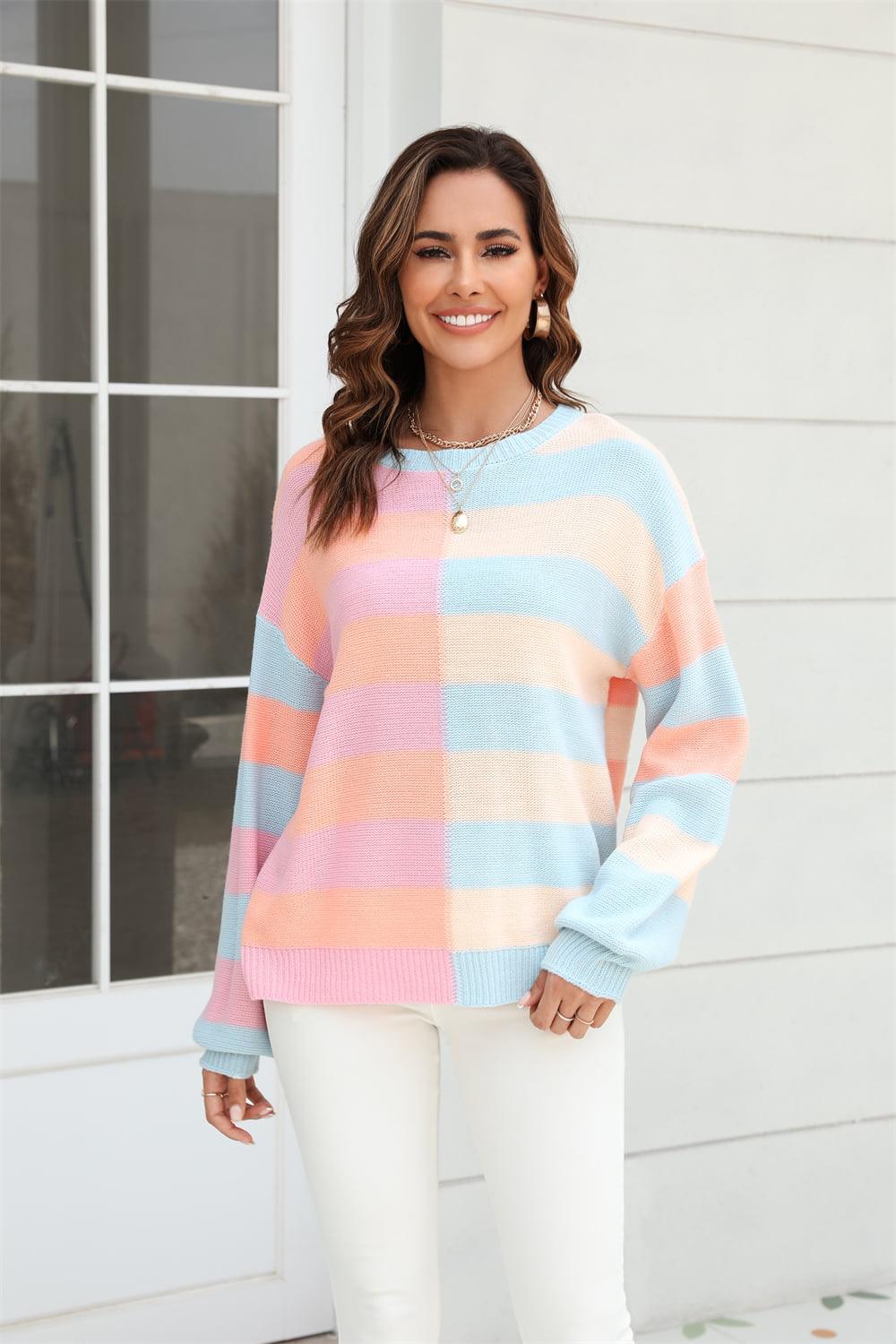 Round Neck Long Sleeve Color Block Dropped Shoulder Pullover Sweater - Vesteeto