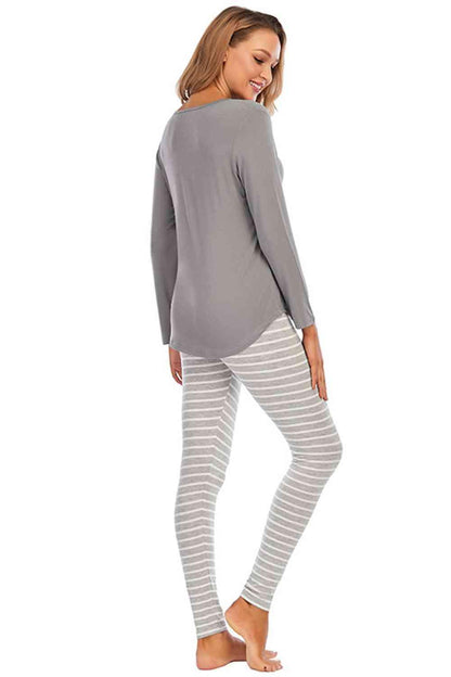 Graphic Round Neck Top and Striped Pants Set - Vesteeto