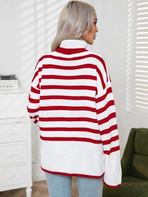 Striped Slit Turtleneck Drop Shoulder Sweater - Vesteeto