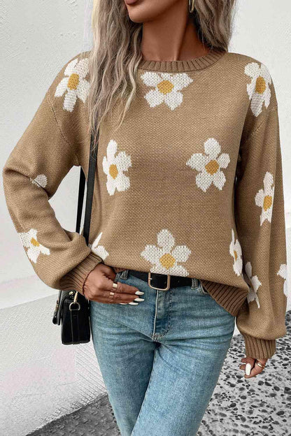 Floral Dropped Shoulder Sweater - Vesteeto