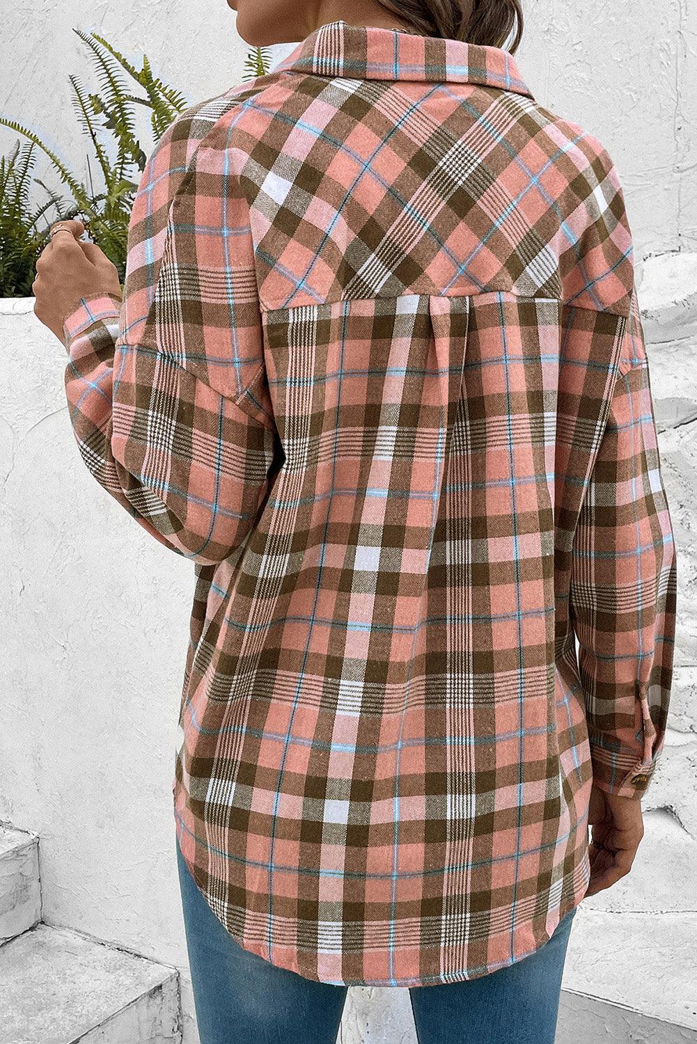 Plaid Collared Neck Long Sleeve Button-Up Shirt - Vesteeto