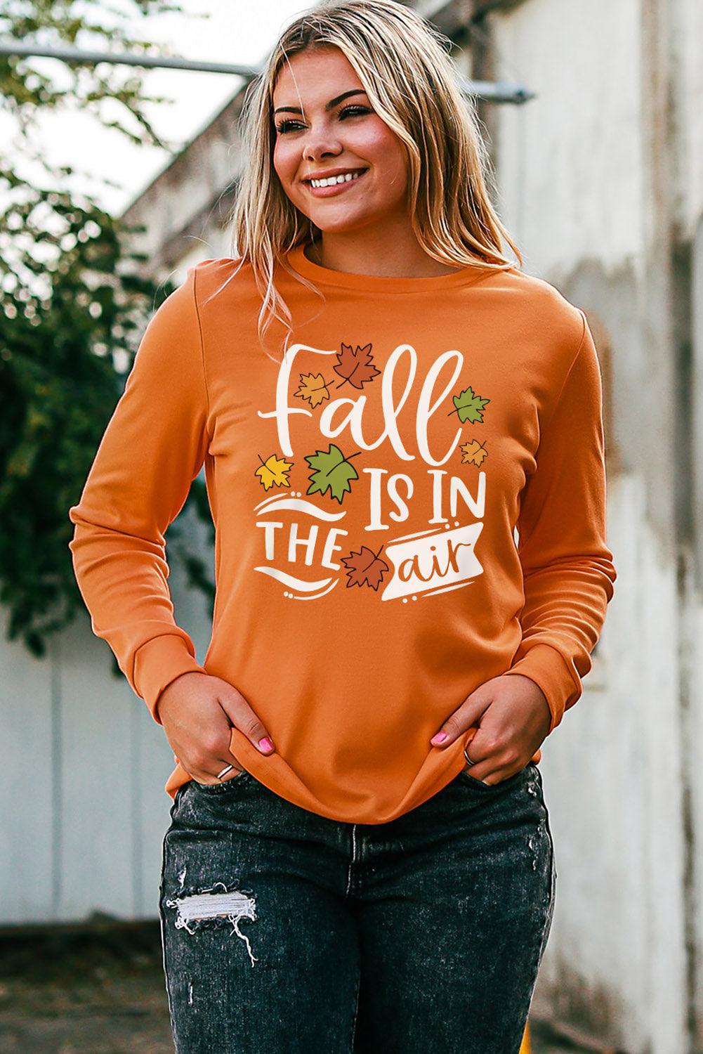 Round Neck Long Sleeve FALL IS IN THE AIR Graphic Sweatshirt - Vesteeto