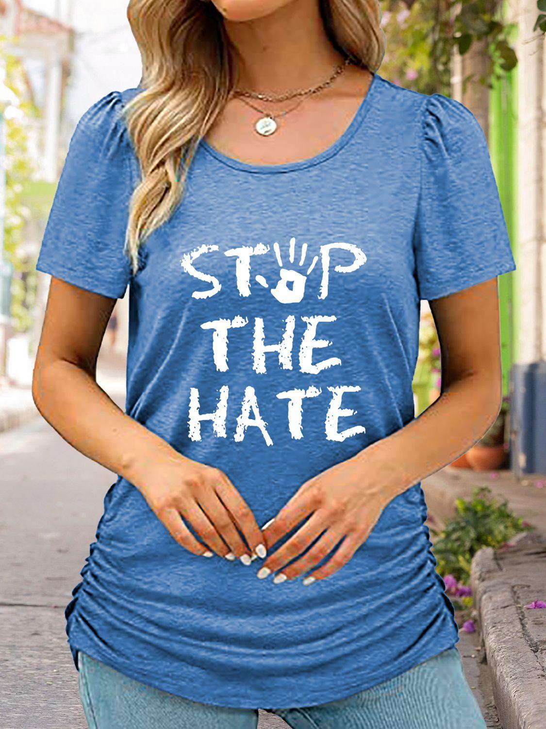Round Neck Short Sleeve STOP THE HATE Graphic T-Shirt - Vesteeto