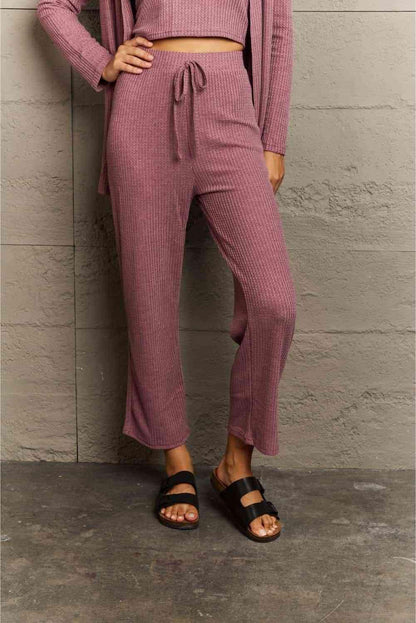 Ninexis Full Size Cropped Top, Long Pants and Cardigan Lounge Set - Vesteeto
