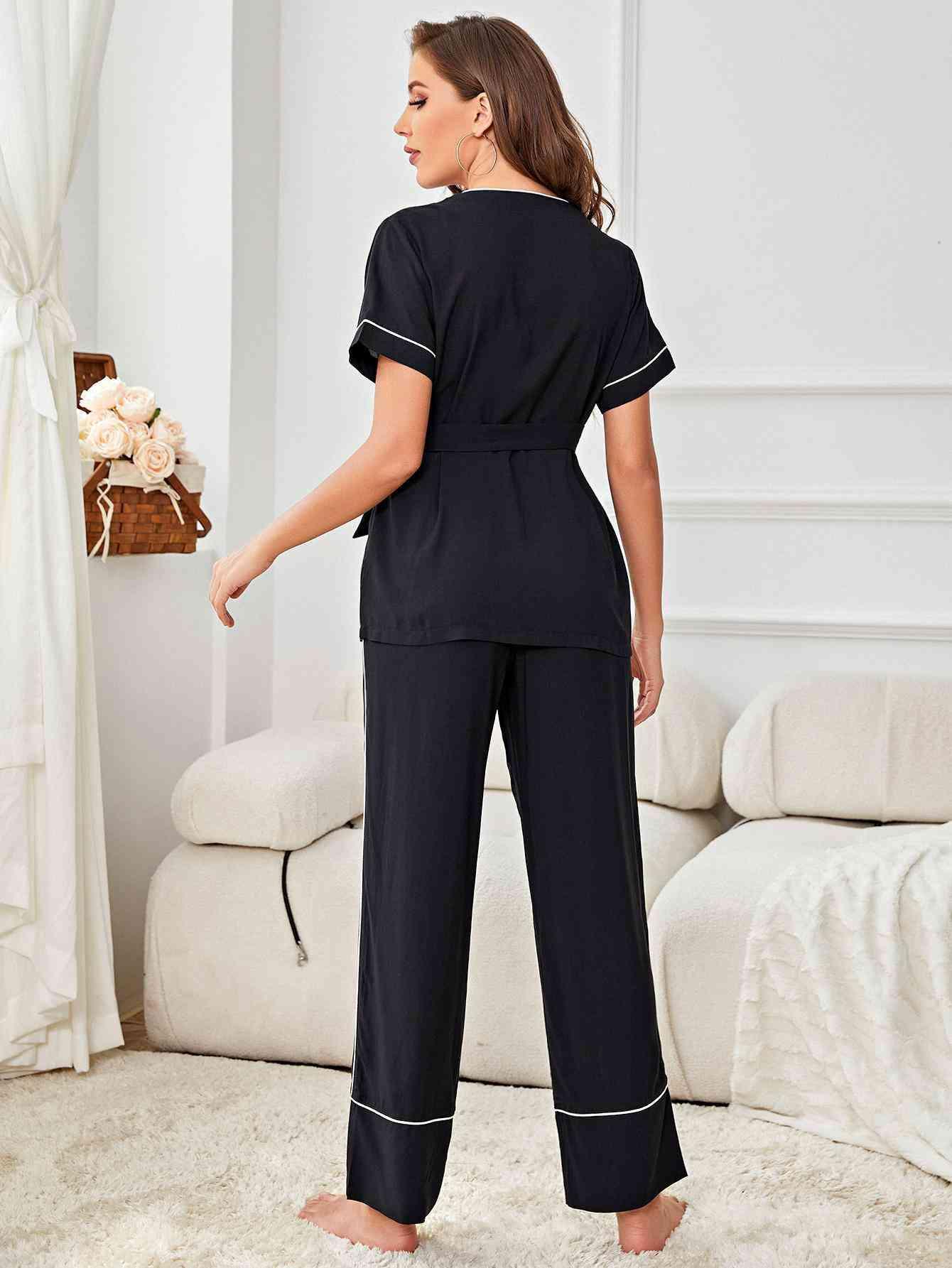 Contrast Piping Belted Top and Pants Pajama Set - Vesteeto