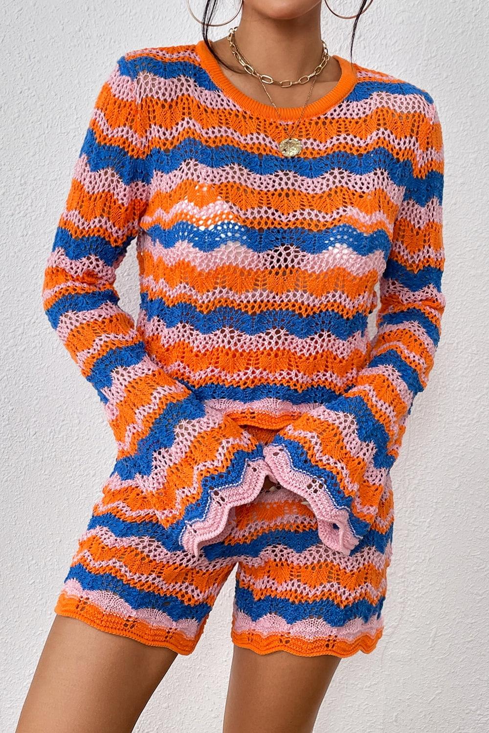 Striped Sweater and Knit Shorts Set - Vesteeto