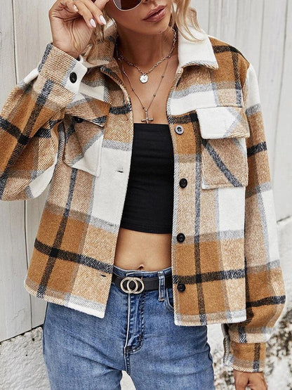 Double Take Plaid Collared Neck Jacket with Breast Pockets - Vesteeto