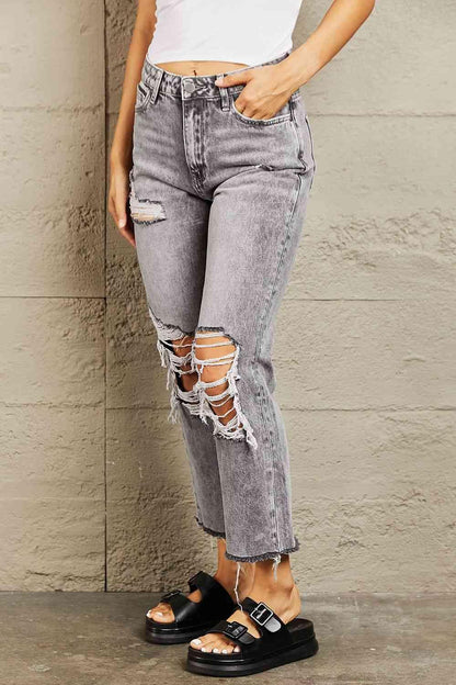 BAYEAS Acid Wash Distressed Cropped Straight Jeans - Vesteeto