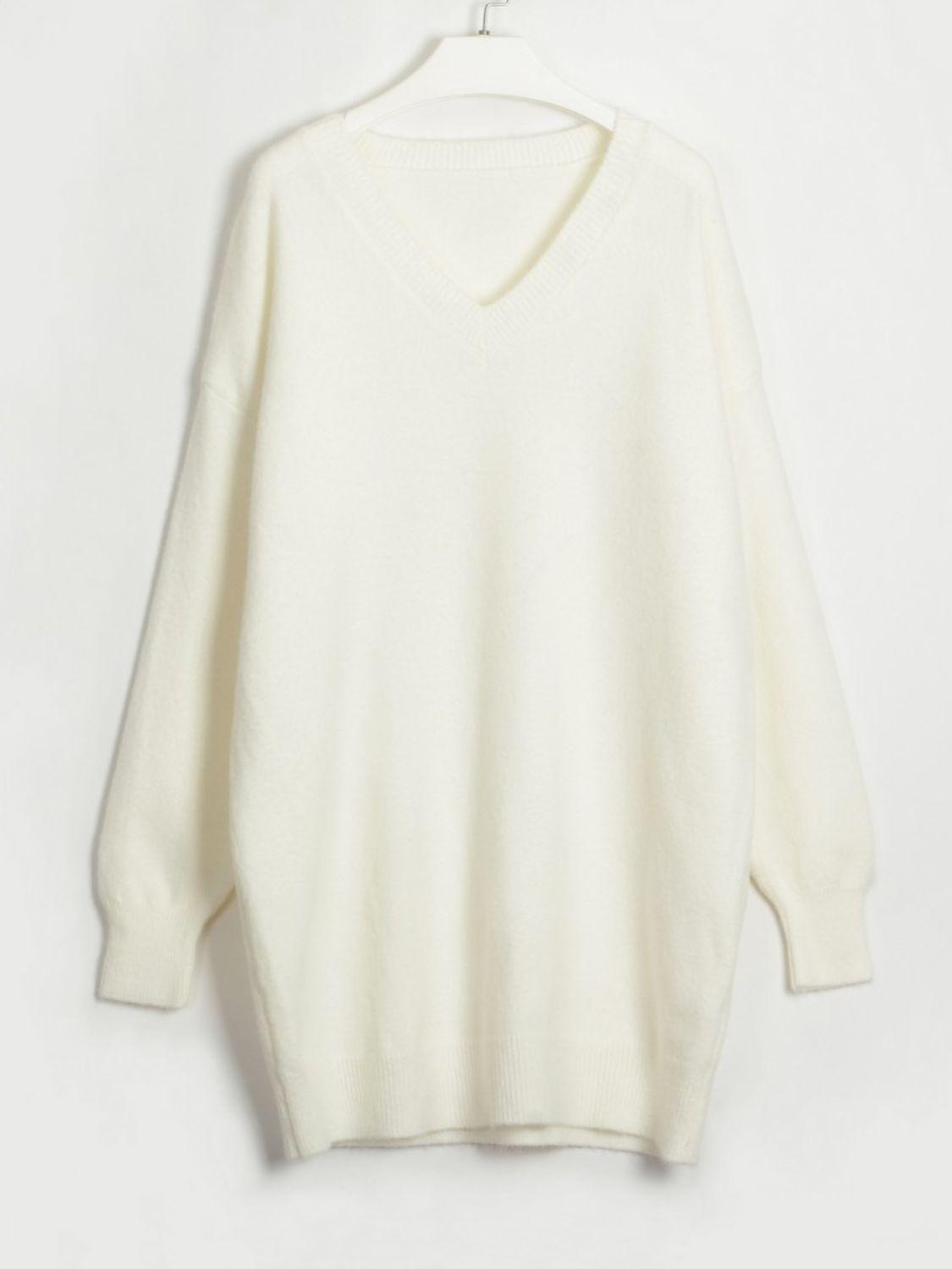V-Neck Dropped Shoulder Sweater Dress - Vesteeto