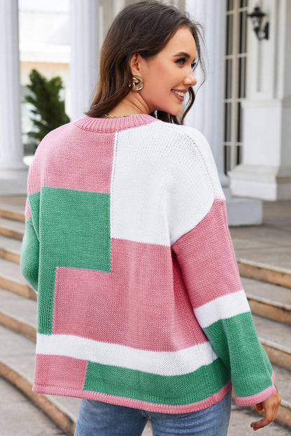 Round Neck Color Block Dropped Shoulder Sweater - Vesteeto