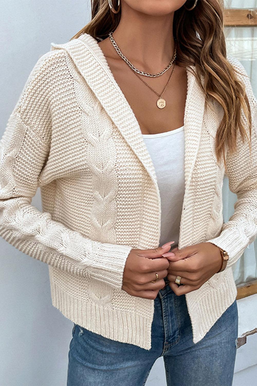 Cable-Knit Dropped Shoulder Hooded Cardigan - Vesteeto