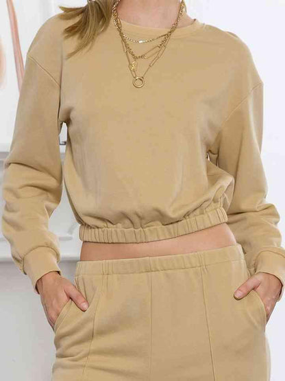 Round Neck Long Sleeve Cropped Top and Pants Set - Vesteeto