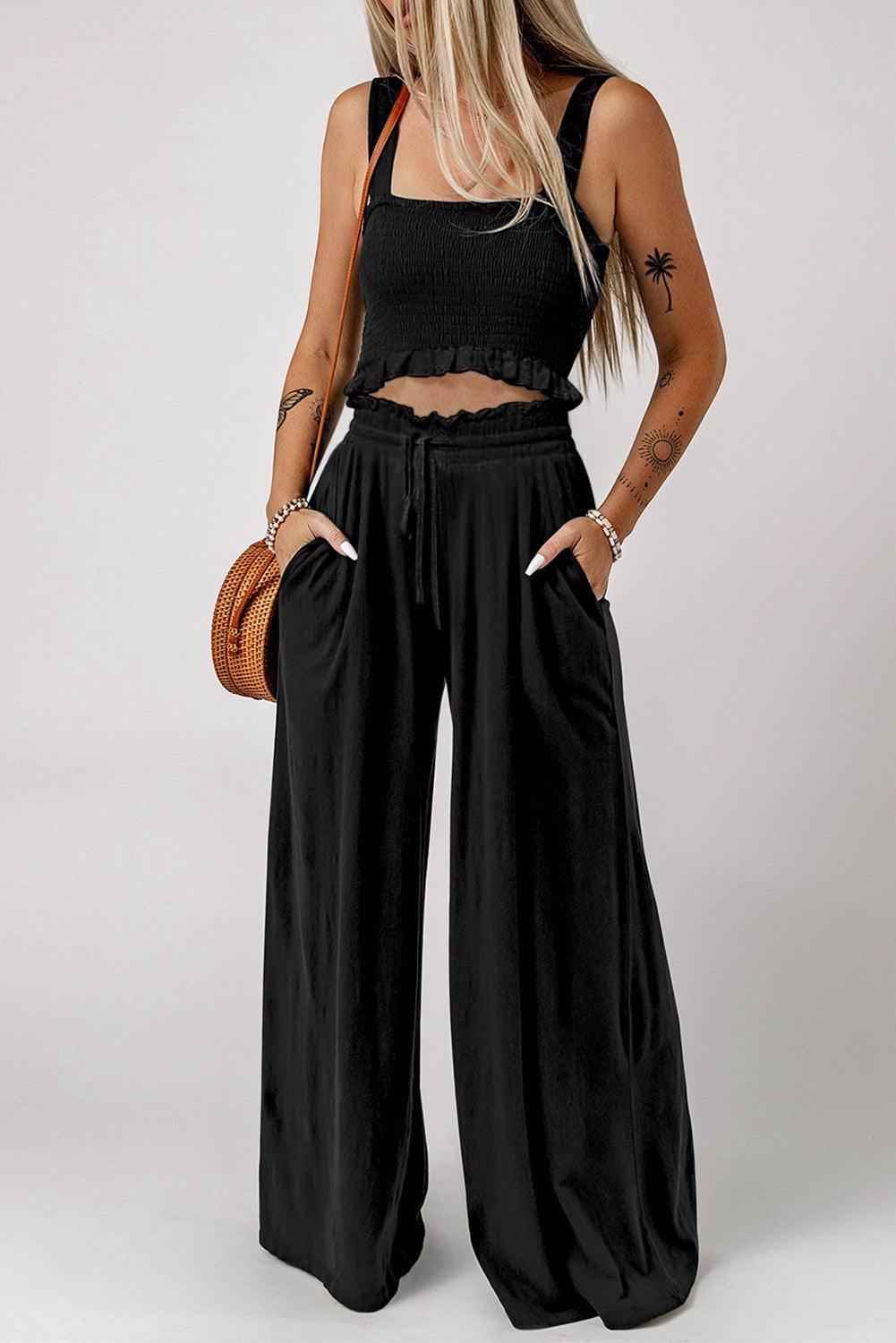 Square Neck Cropped Tank Top and Long Pants Set - Vesteeto