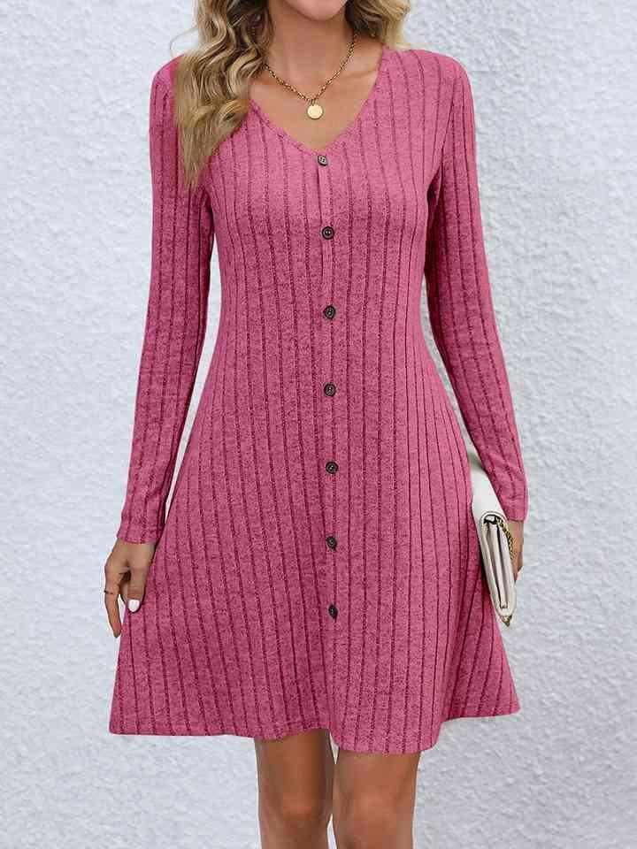 V-Neck Long Sleeve Mini Dress - Vesteeto