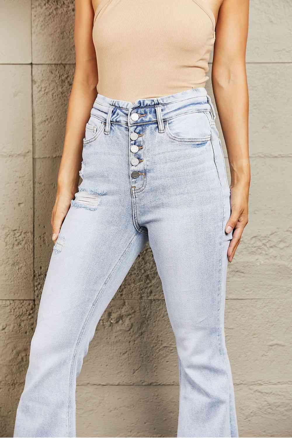 BAYEAS High Waisted Button Fly Flare Jeans - Vesteeto