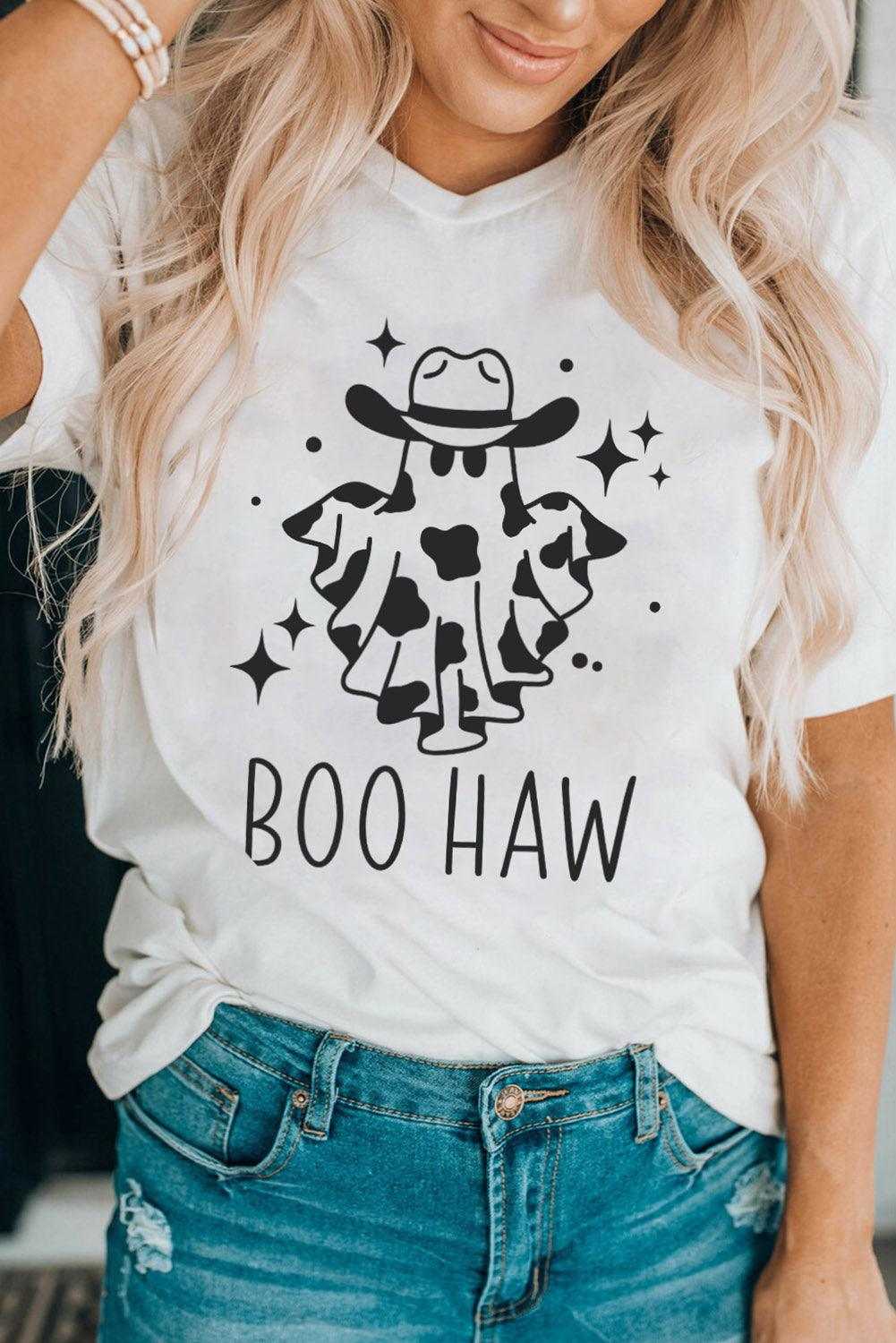 V-Neck Short Sleeve BOO HAW Ghost Graphic T-Shirt - Vesteeto