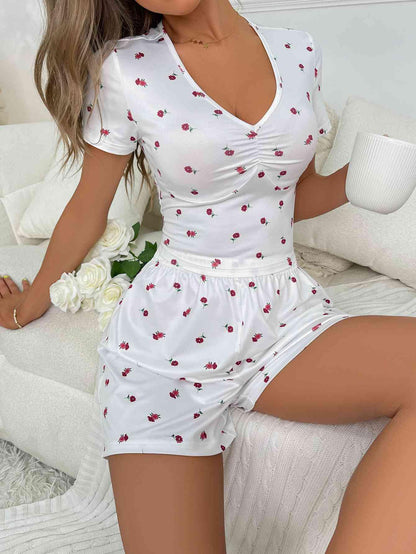 Floral Ruched T-Shirt and Shorts Lounge Set - Vesteeto