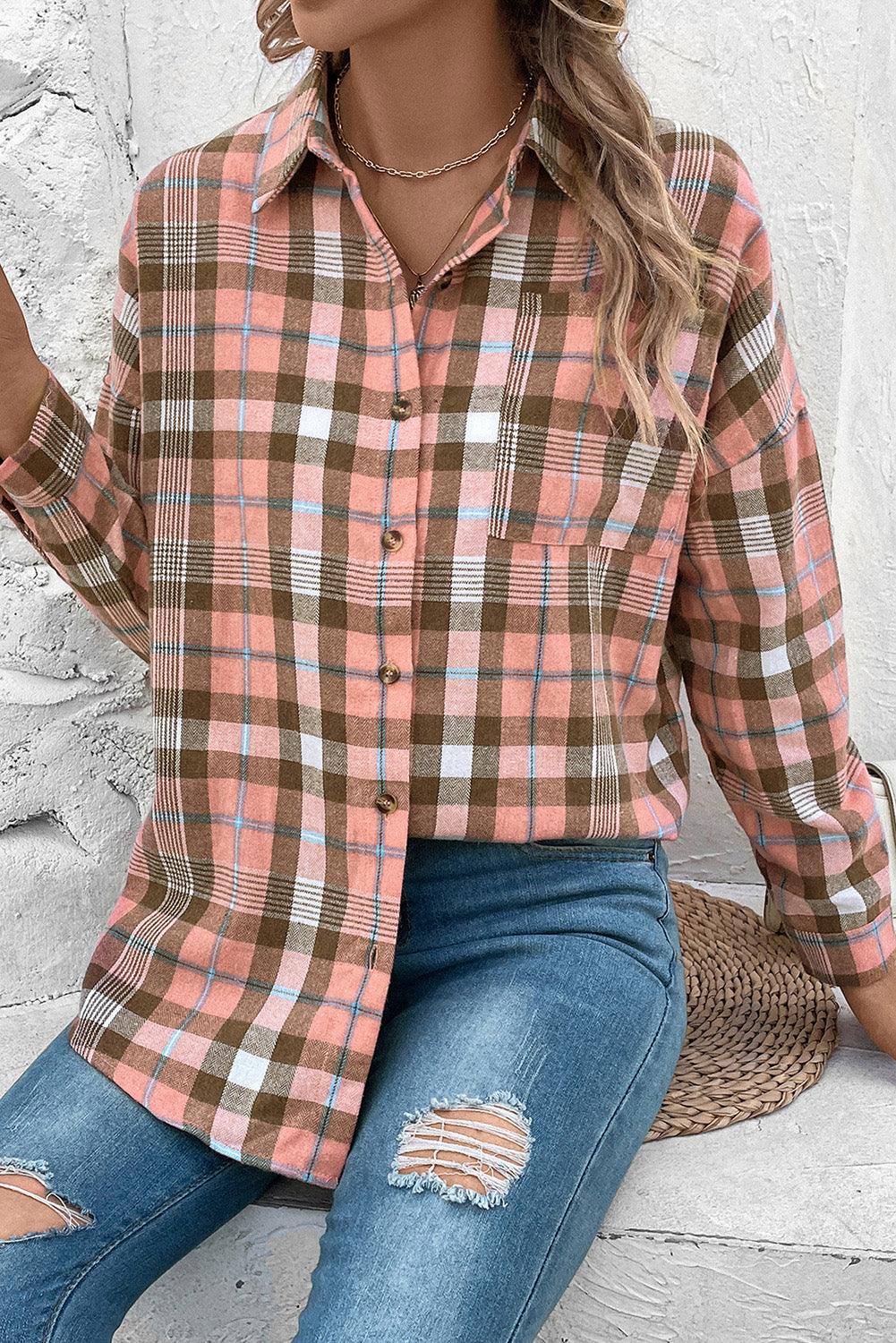 Plaid Collared Neck Long Sleeve Button-Up Shirt - Vesteeto