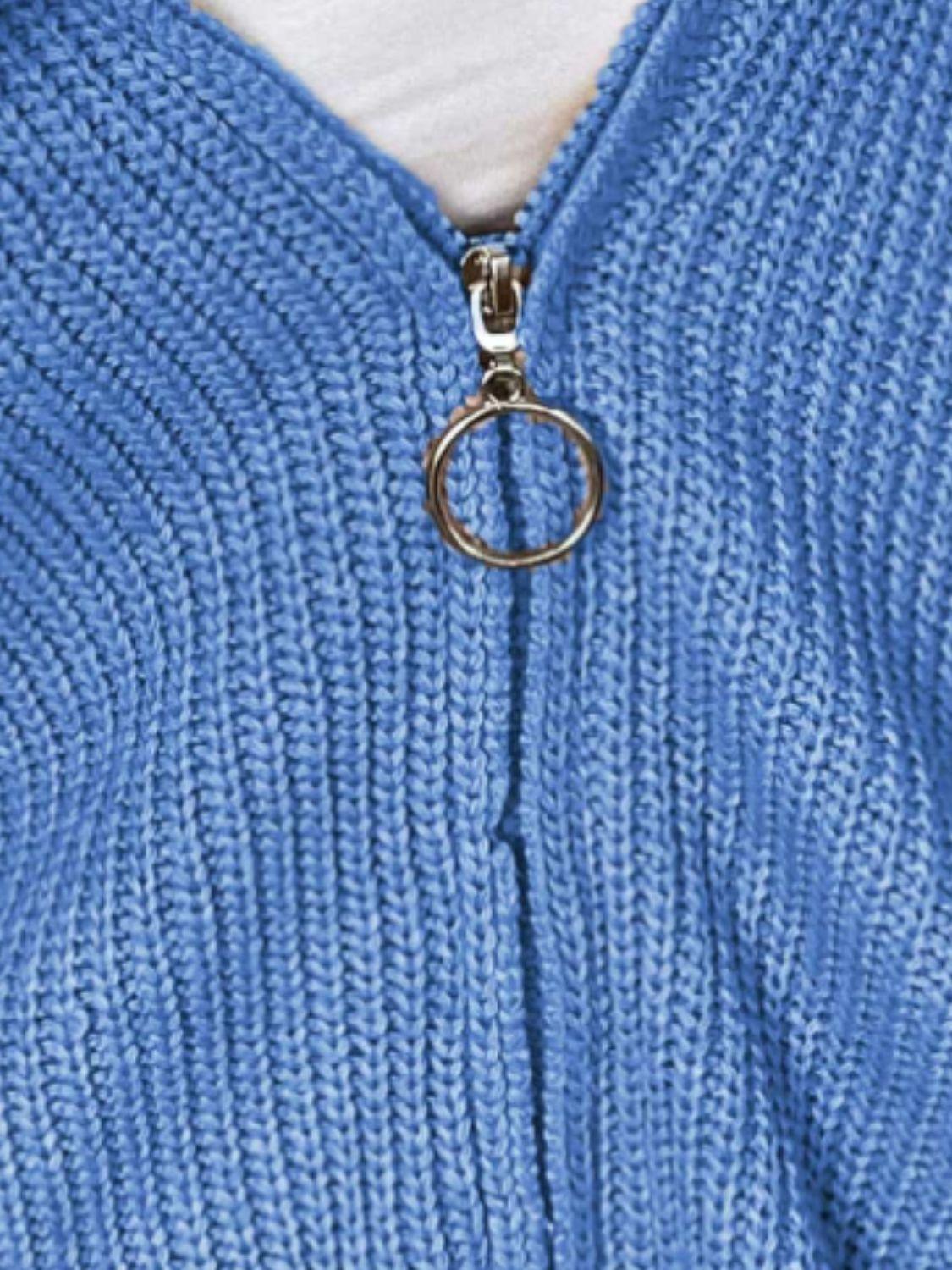 Zip-Up Drawstring Detail Hooded Cardigan - Vesteeto