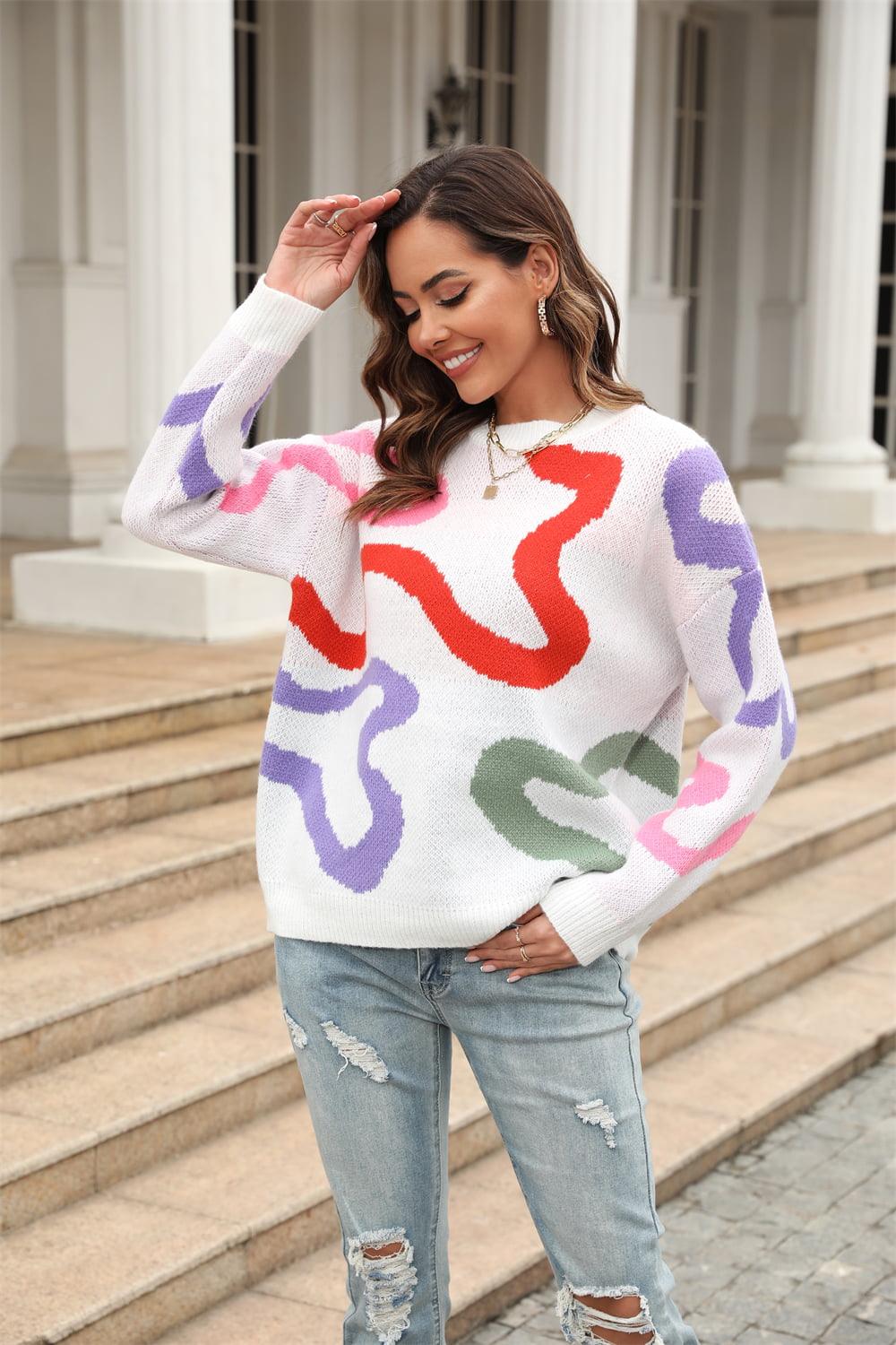Printed Round Neck Dropped Shoulder Pullover Sweater - Vesteeto