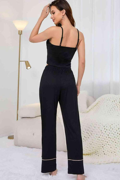 Contrast Trim Cropped Cami and Pants Loungewear Set - Vesteeto
