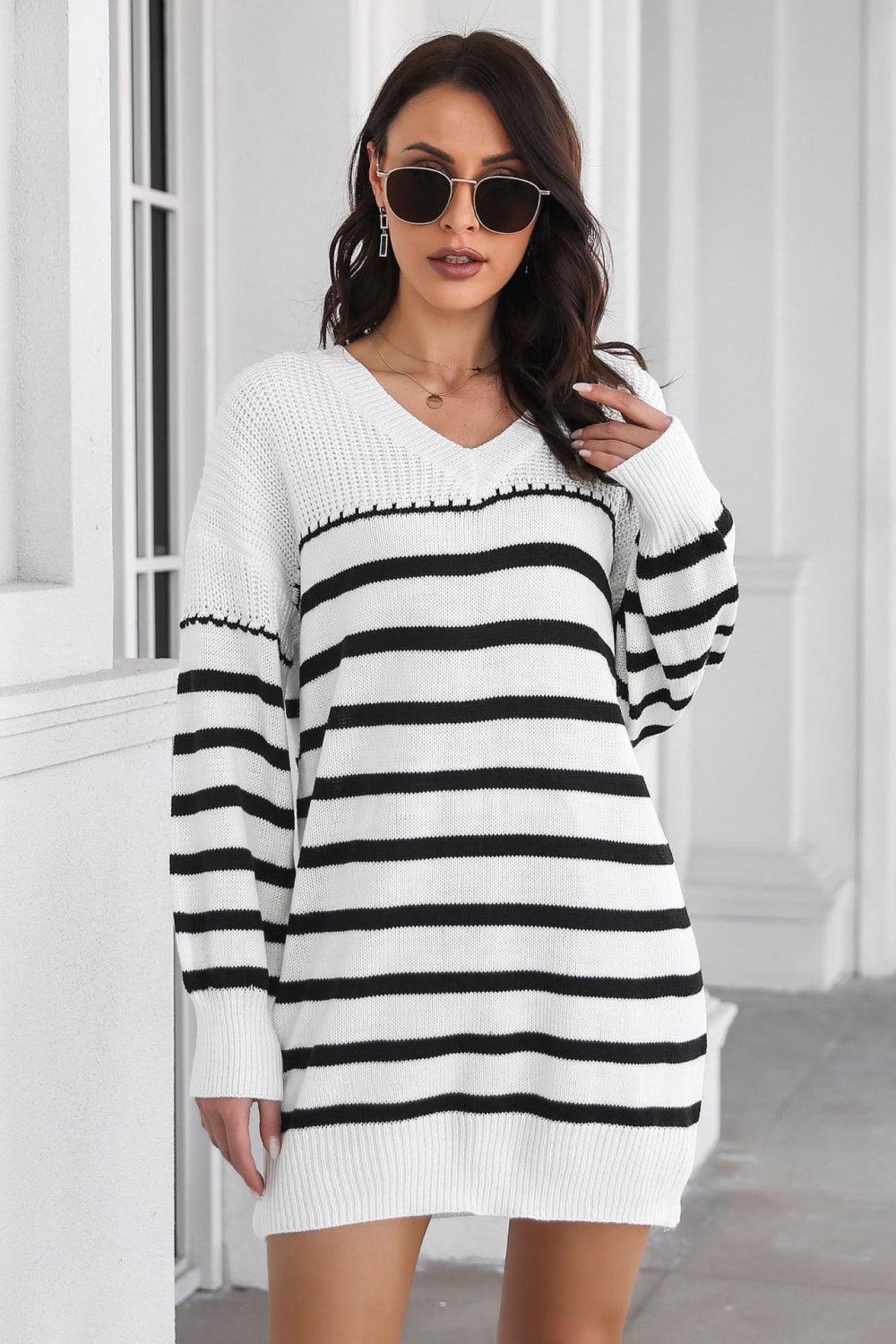 Striped V-Neck Drop Shulder Sweater Dress - Vesteeto