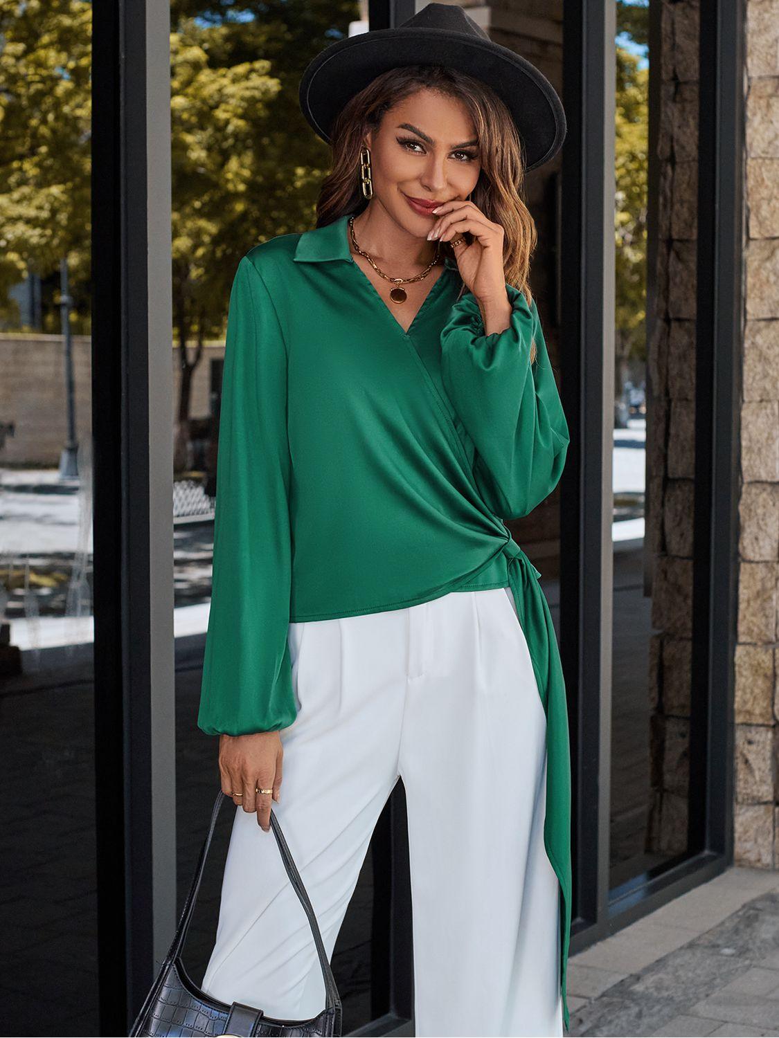 Surplice Neck Long Sleeve Blouse - Vesteeto