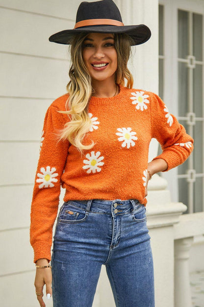 Flower Pattern Round Neck Short Sleeve Pullover Sweater - Vesteeto