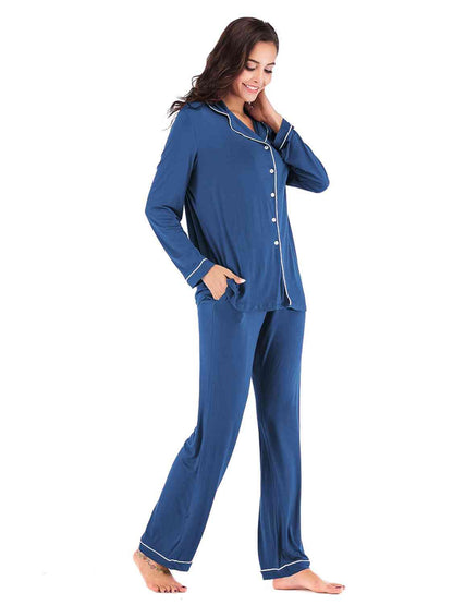 Collared Neck Long Sleeve Loungewear Set with Pockets - Vesteeto