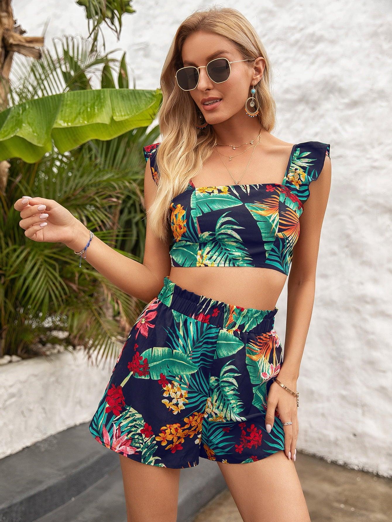 Printed Square Neck Top and Shorts Set - Vesteeto